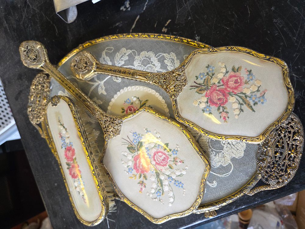 Lot 641 – A Mid-20th-Century Gilt-Metal and Petit Point Embroidery Dressing Table Set