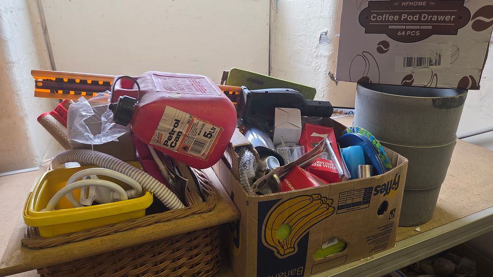 Lot 178 – Two Boxes of Mixed Household, Garden, and Kitchen Goods including Hedge Trimmer Attachment and Petrol Can