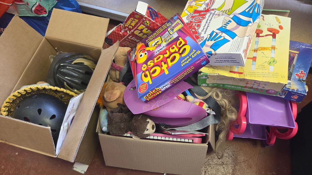 Lot 181 – Two Boxes of Children’s Games, Toys, and Sports Equipment including MB Games and ELC