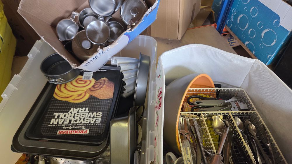 Lot 194 – Three Boxes of Mixed Kitchenware and Bakeware including Progress Swiss Roll Tray and Stainless Steel Utensils