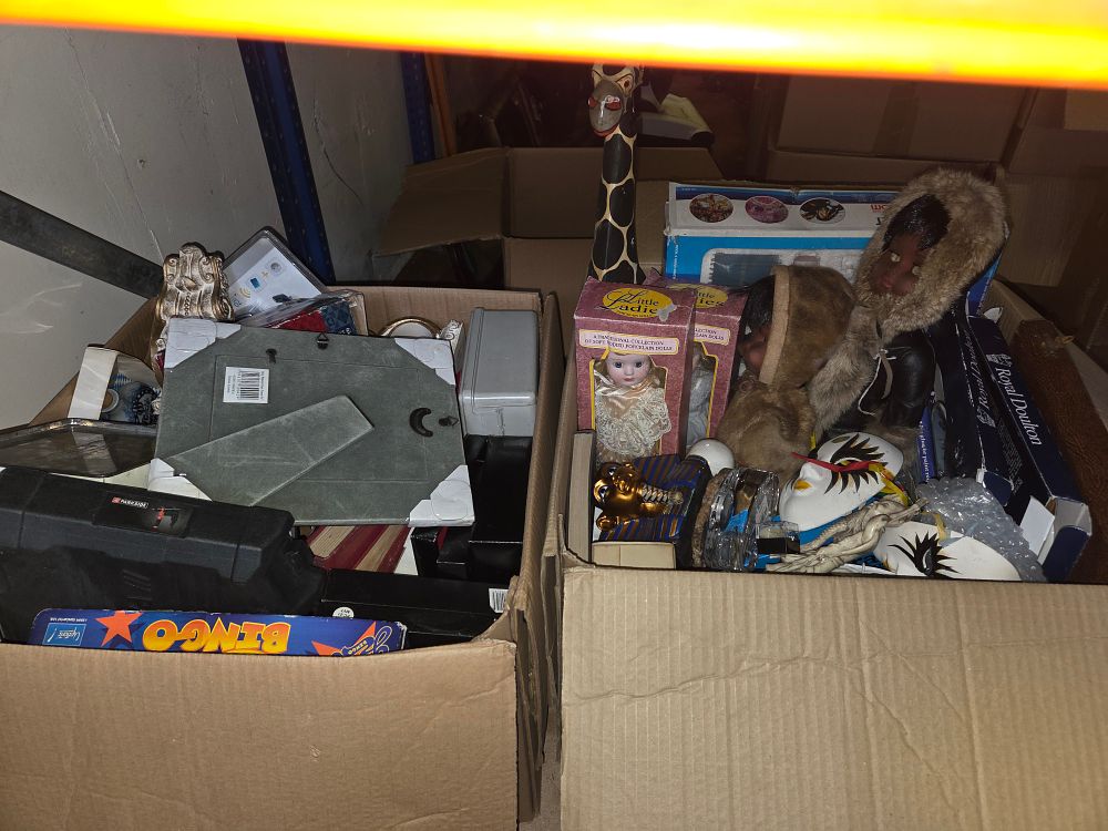 Lot 238 – Two Boxes of Collectable Dolls, Games, Tools, and Decorative Items