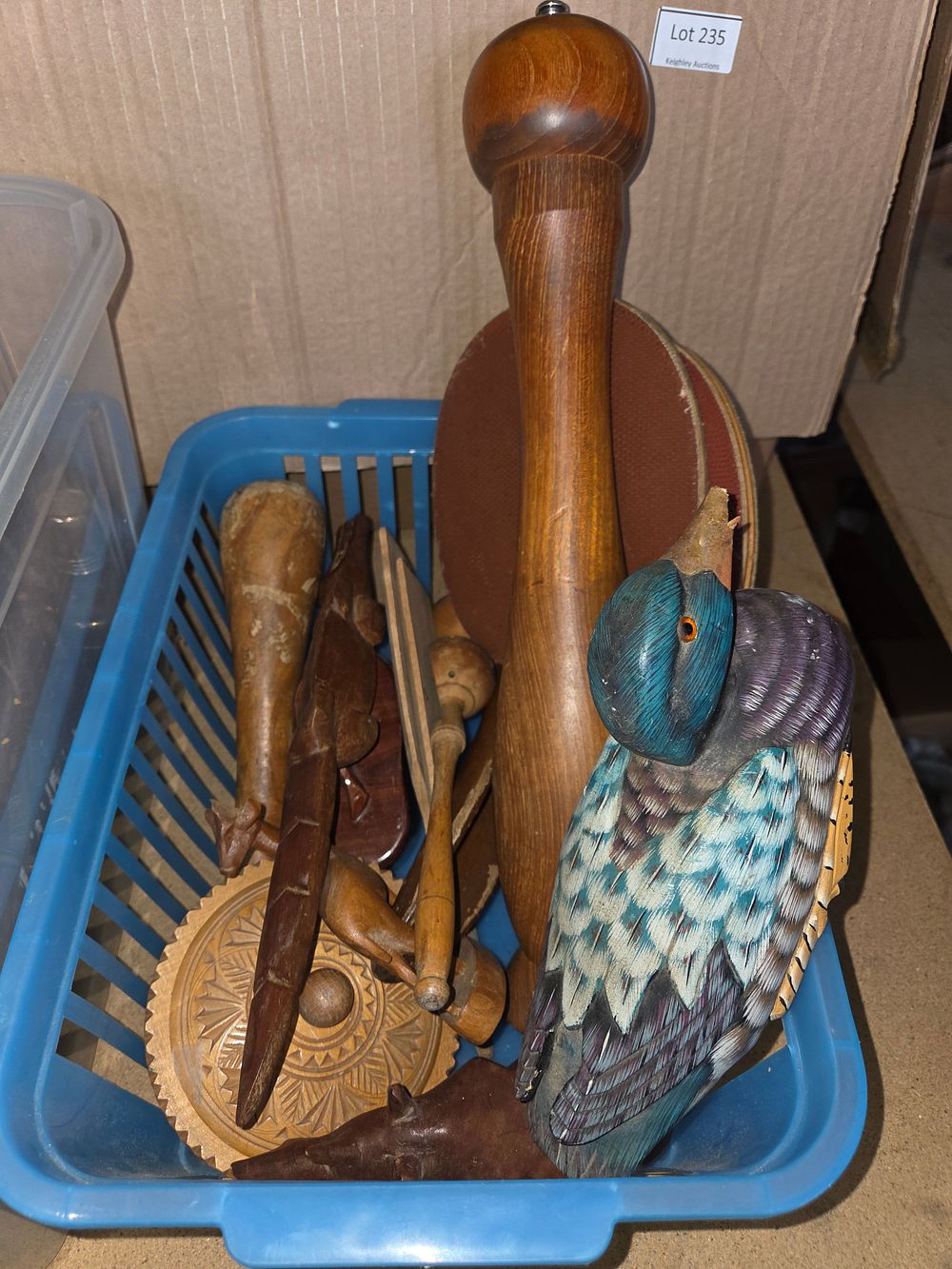 Lot 242 – An Assortment of Vintage Wooden Collectables including an Attributed Mandalay Box Company Duck Figure and Kitchenware