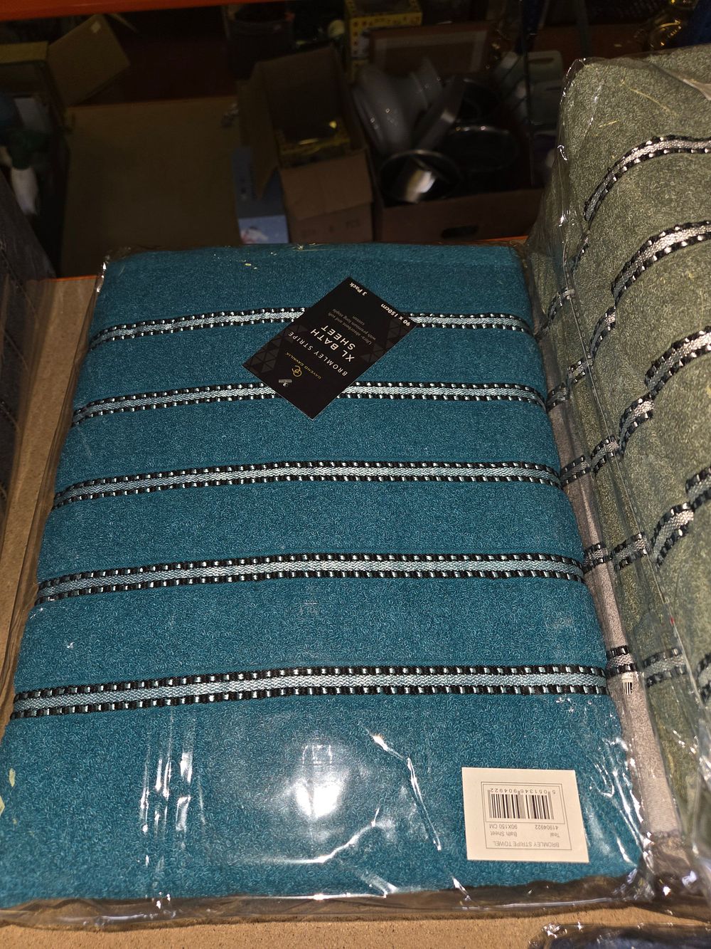 Lot 245 – A Three-Pack of Daveno Cavaglia Bromley Stripe Teal Cotton XL Bath Sheets