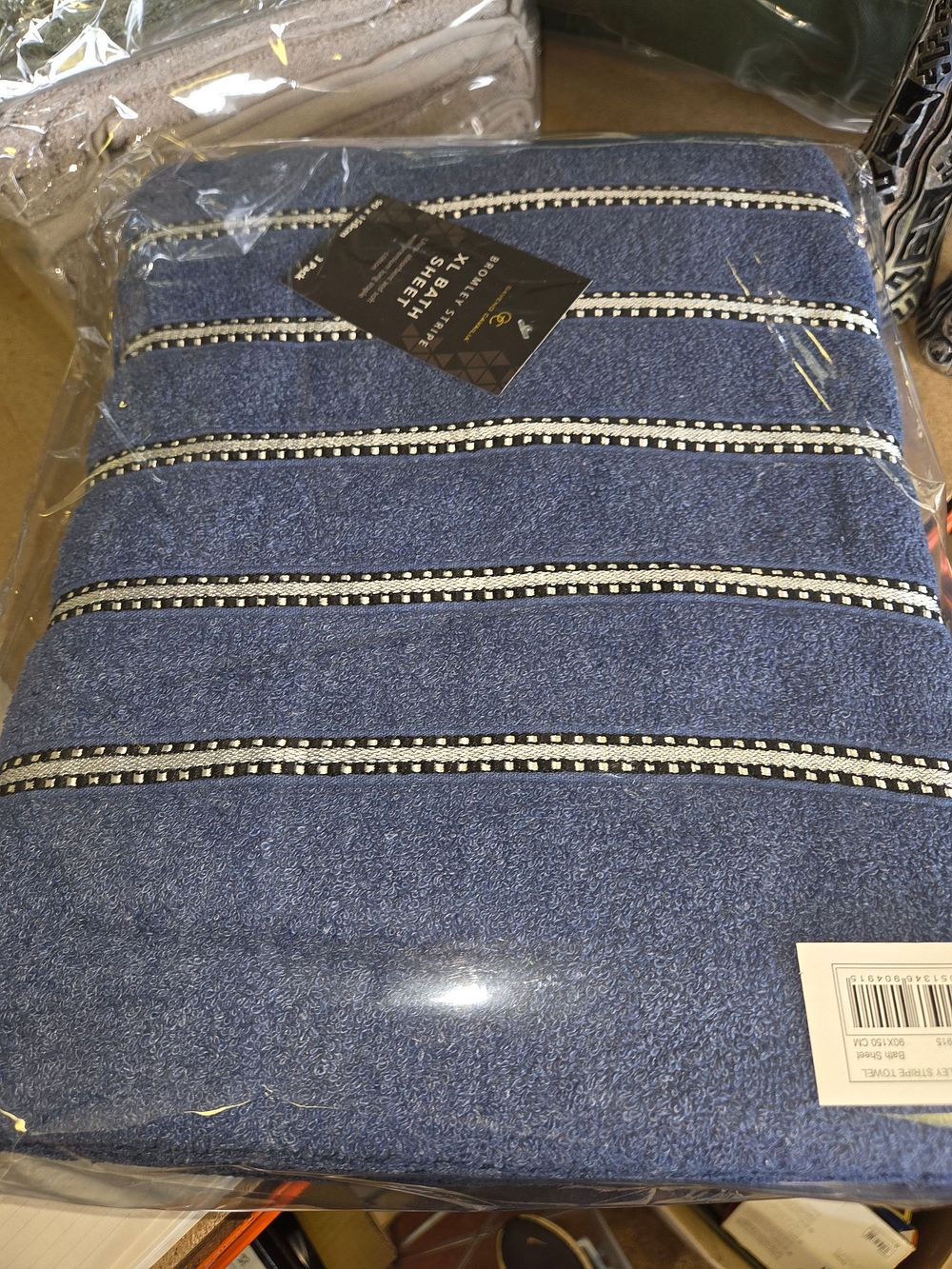 Lot 246 – A Three Pack of Cavendish Carvalho Bromley Stripe Navy Blue Cotton XL Bath Sheets