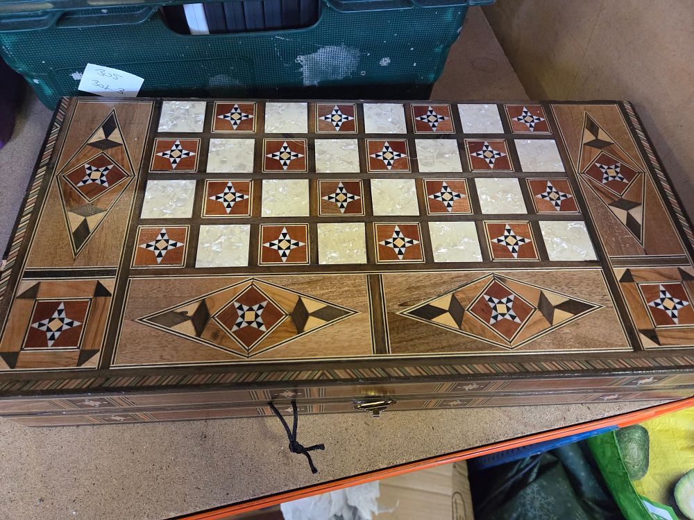 Lot 314 – Damascus Style Marquetry Folding Chess and Backgammon Game Box