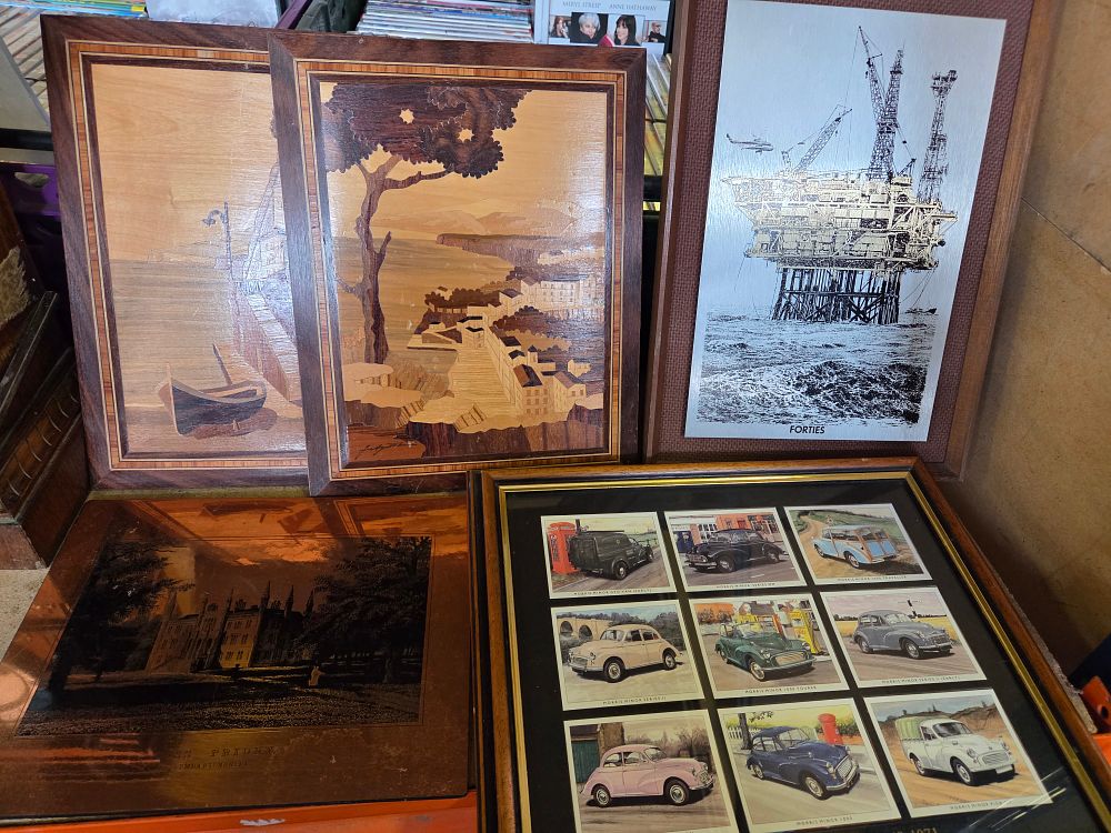 Lot 317 – A Collection of Framed Decorative Items Including Wood Marquetry Panels and Etched Prints (Signed)