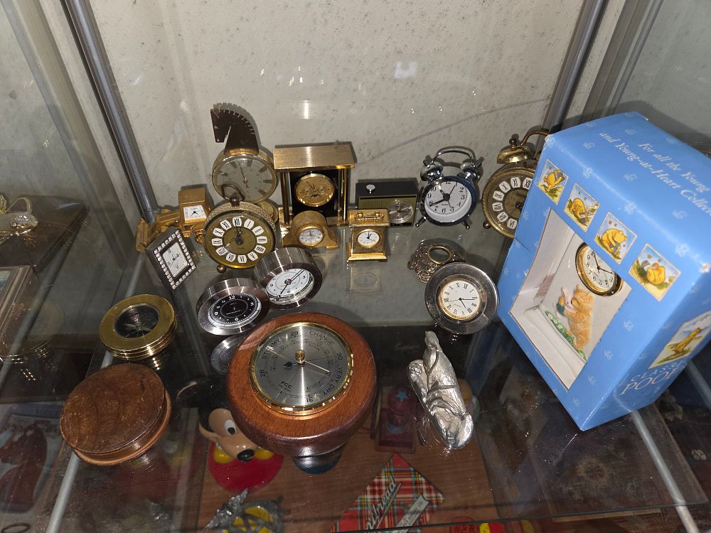 Lot 606 – A Collection of Miniature Novelty Clocks, a Barometer, and Decorative Objects