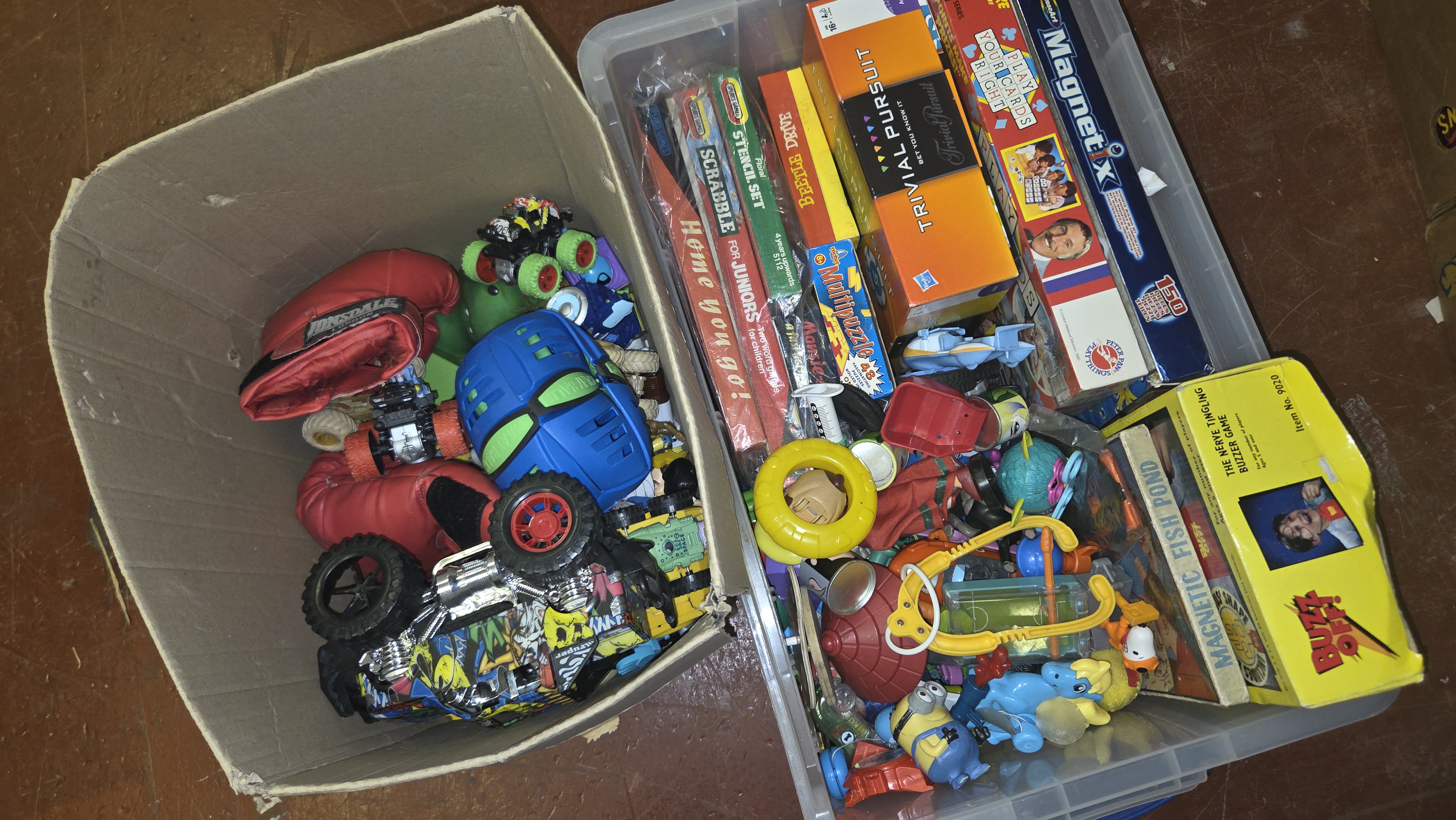 Two Boxes of Assorted Toys and Board Games including Lonsdale, Hasbro, and Rose Art