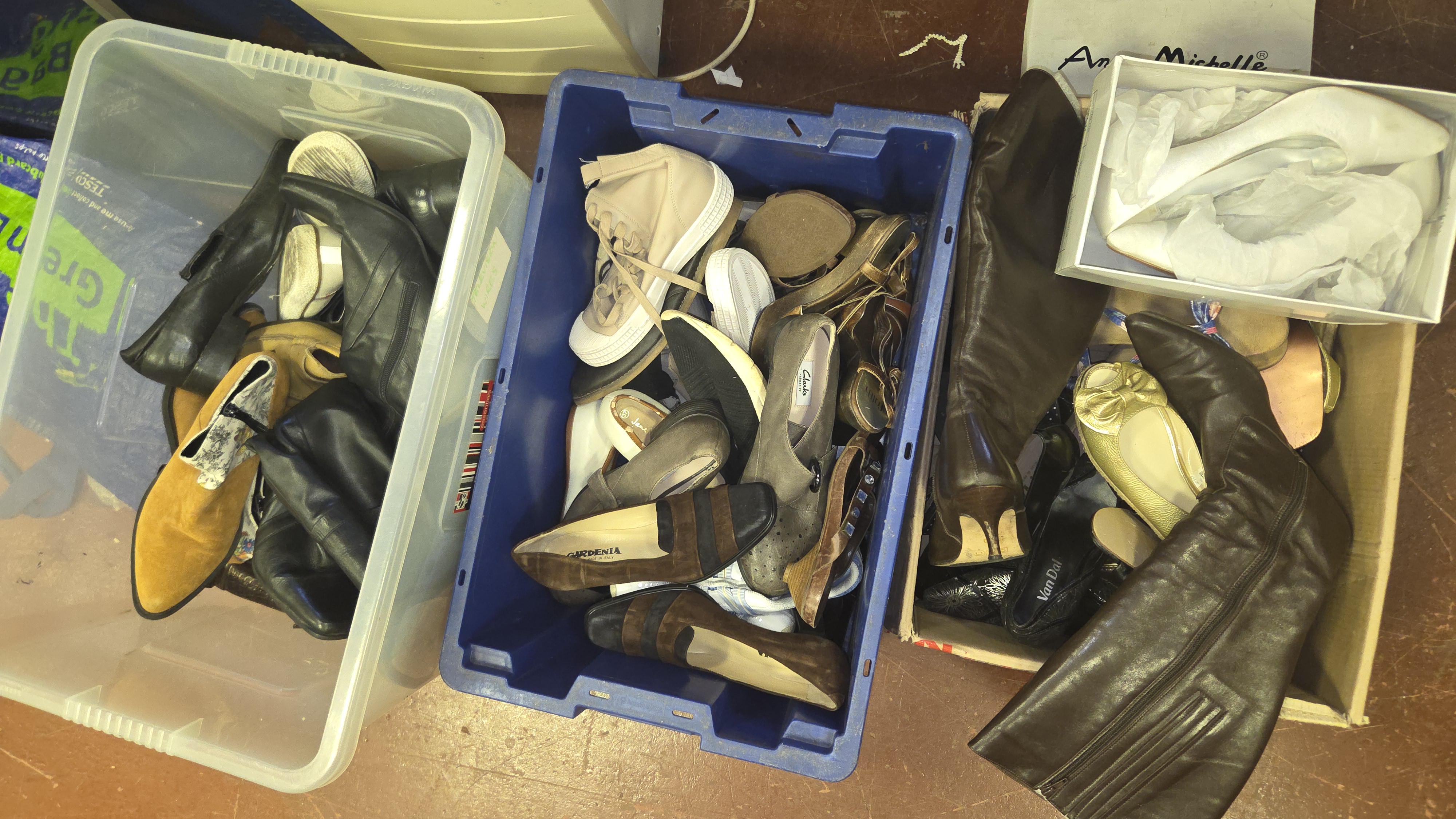 Three Boxes of Ladies Footwear Including Clarks, Van Dal, Gardenia, and Anne Michelle