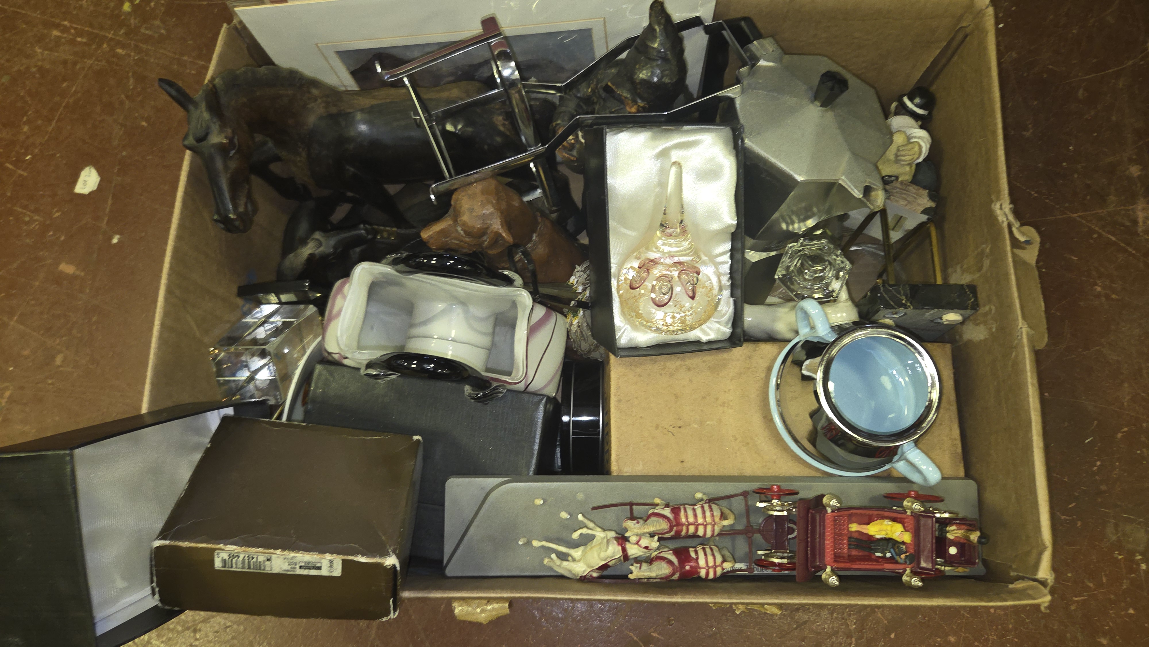 An Assortment of Decorative Objects and Collectables including a Horse Sculpture and Miniature Carriage