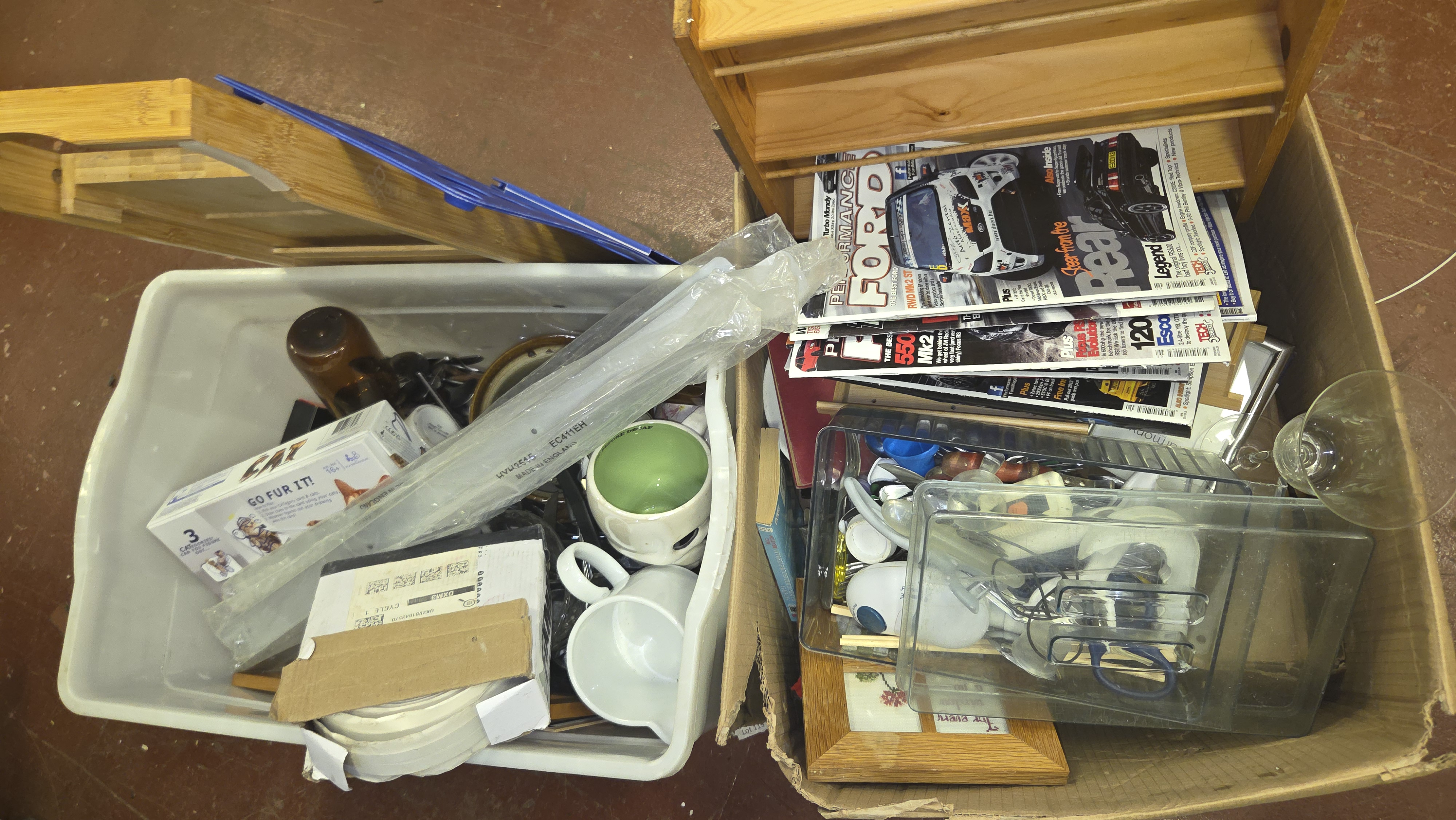 Two Boxes of Mixed Household Items Including Performance Ford Magazines
