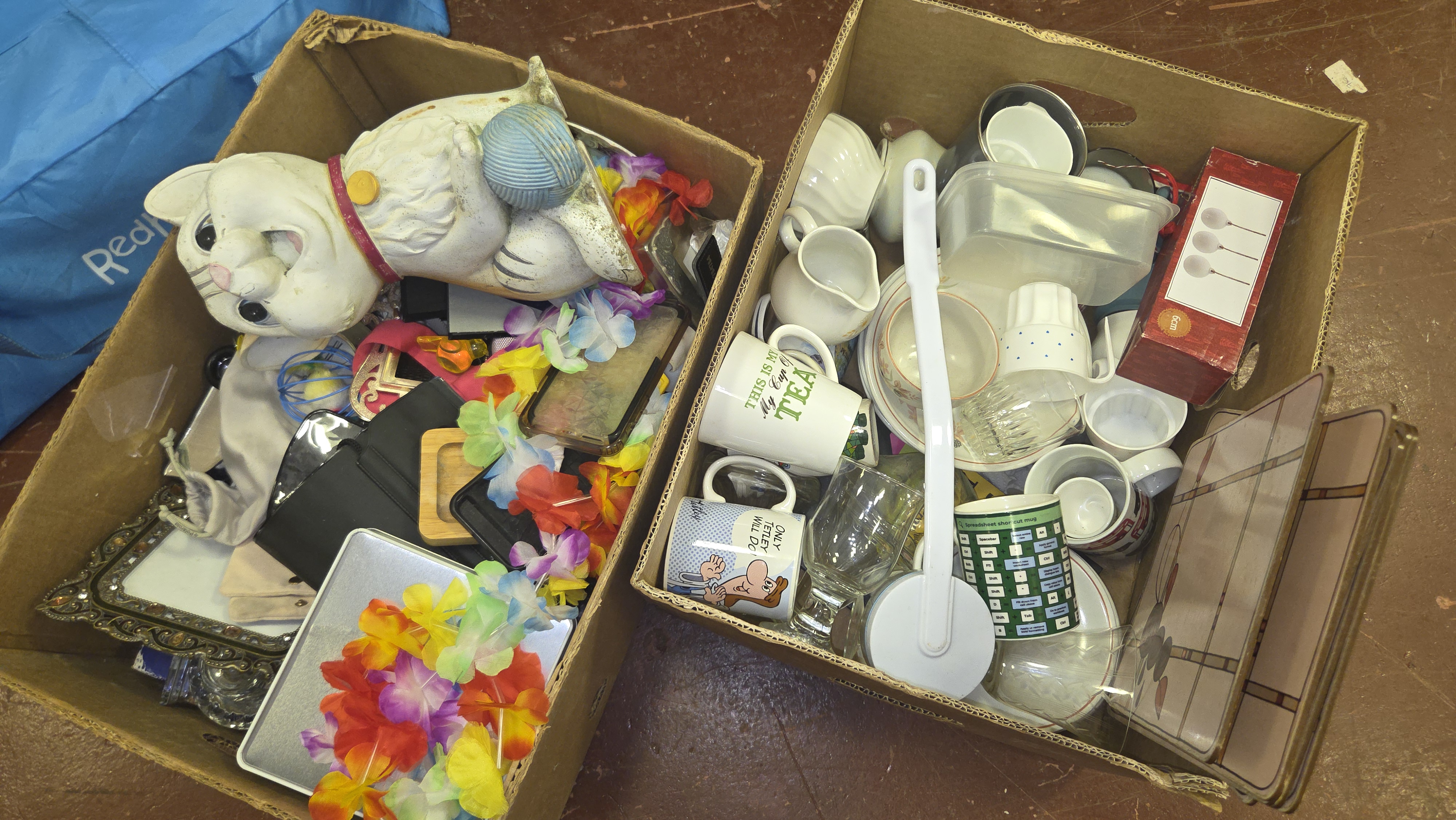 Two boxes of Mixed Household Goods, Ceramics, and Decorative Items including a Large Cat Ornament