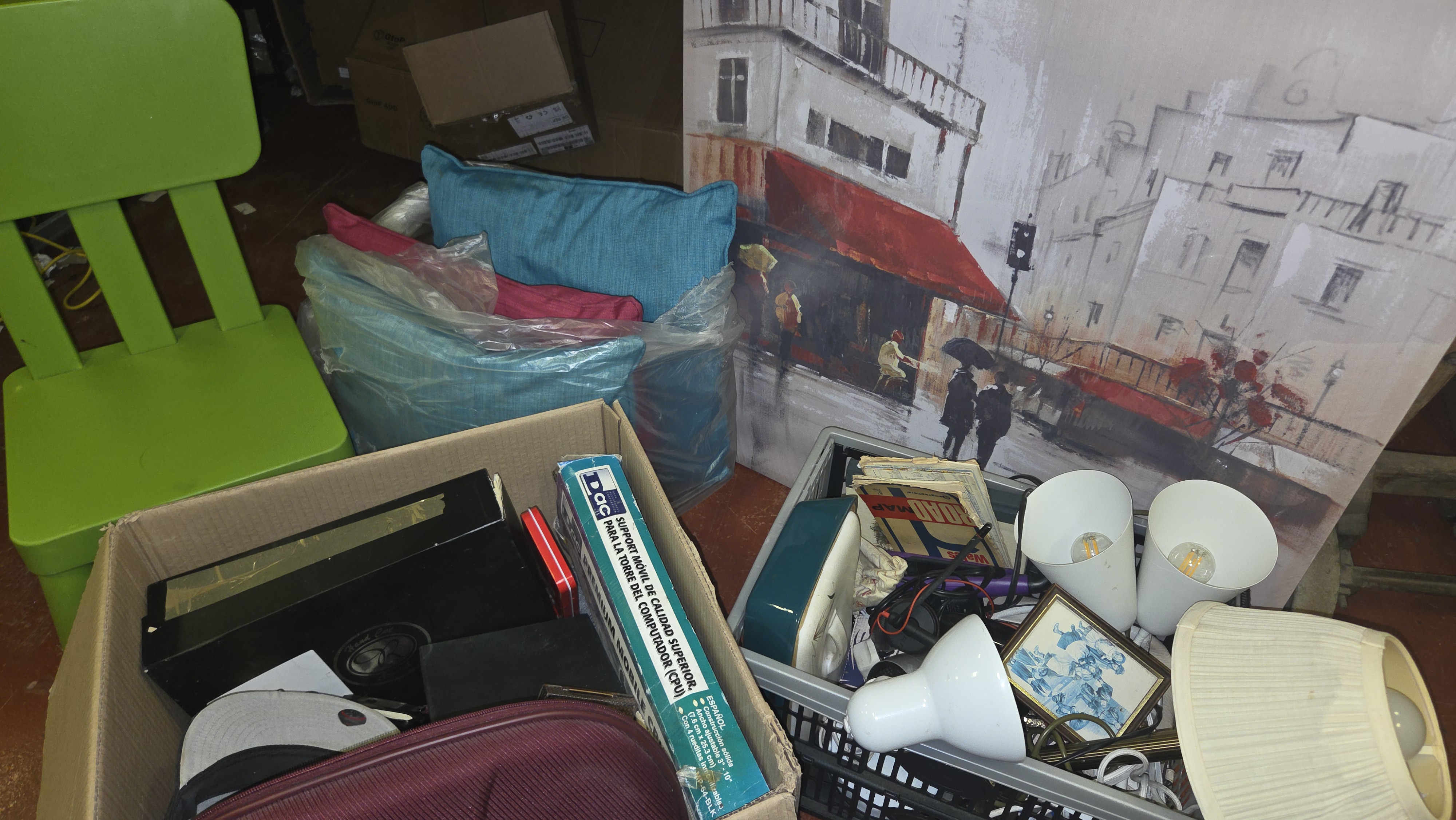 Two Boxes of Mixed Household Goods, Textiles, and Decorative Items including a New Era Cap and DAC CPU Stand