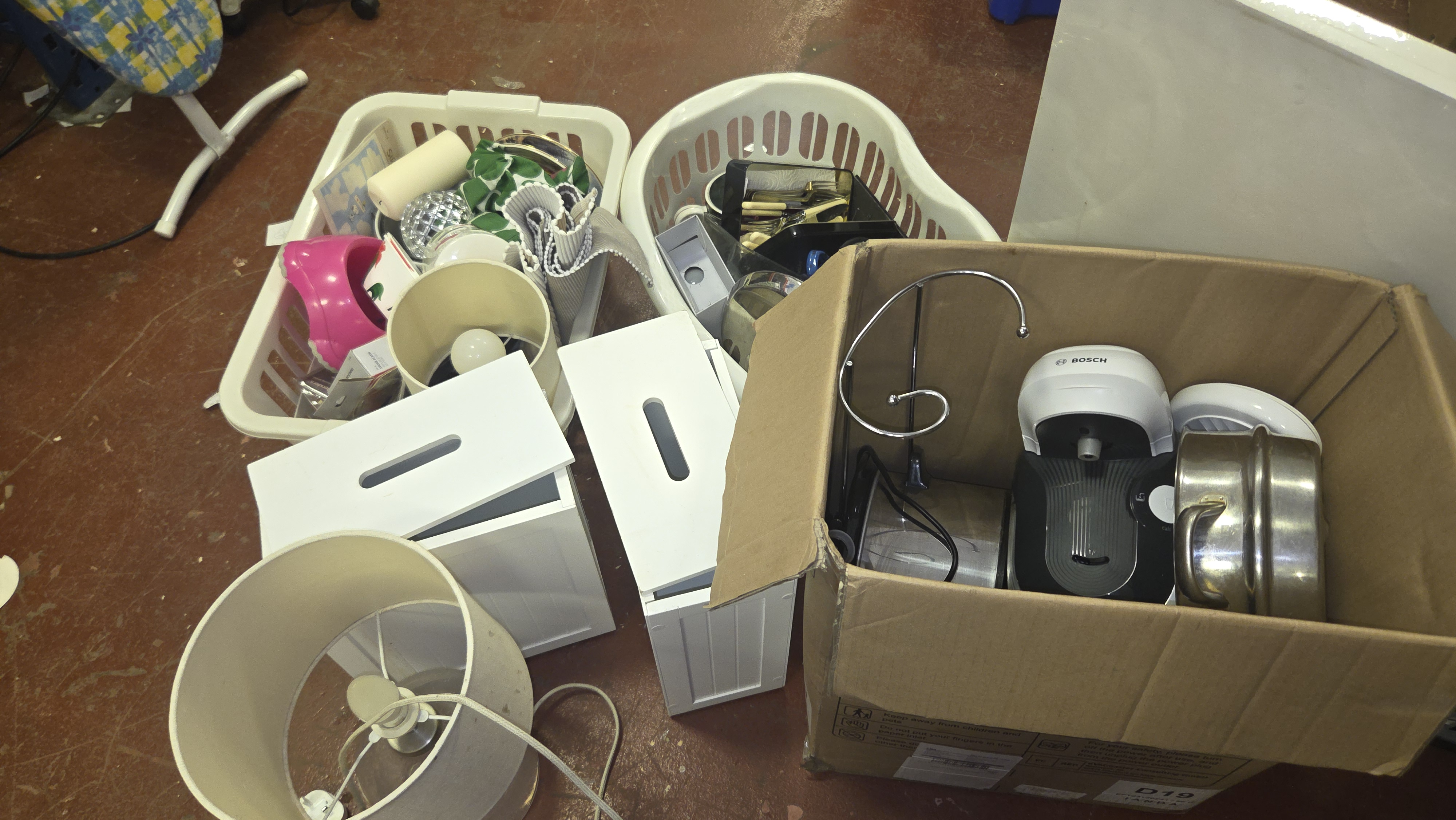 Box and Two Baskets of Mixed Household Goods, Kitchenware, and Small Domestic Appliances