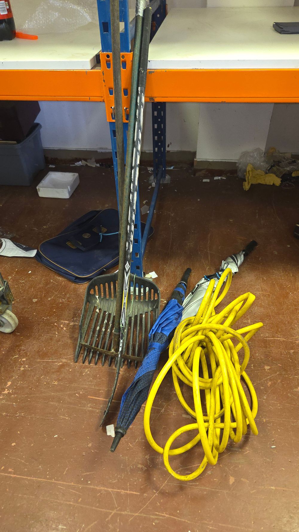 Lot 174 – A Selection of Garden Items Including a Hockey Stick, Stable Fork and Hose