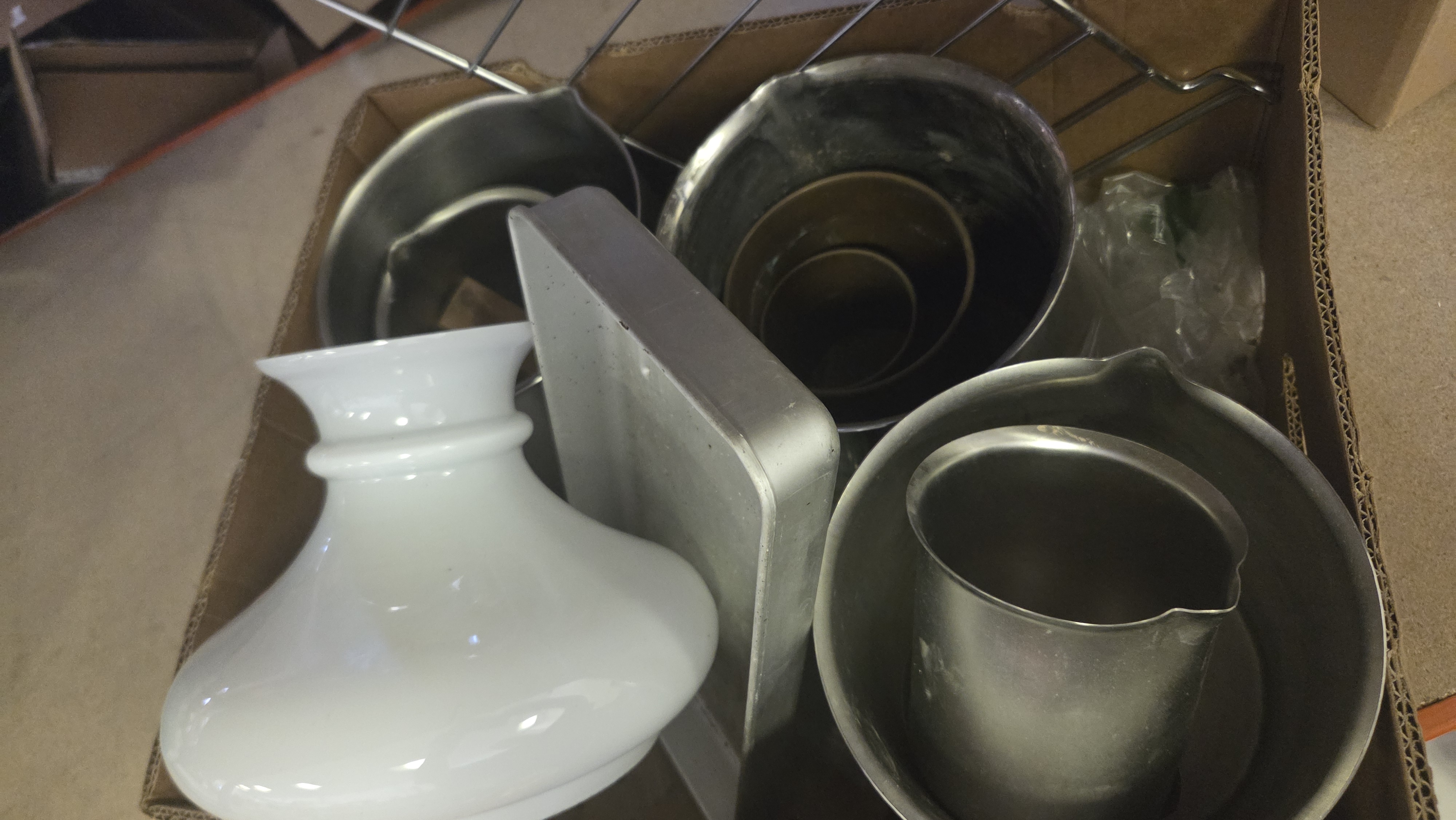 An Assortment of Kitchenware and a Schoolhouse Style Milk Glass Light Shade