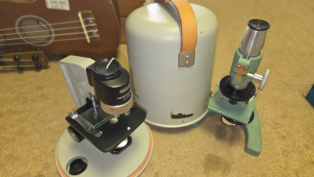 Lot 184 – Two Vintage Microscopes Including a Cased Meopta Monocular Microscope and a Student Microscope