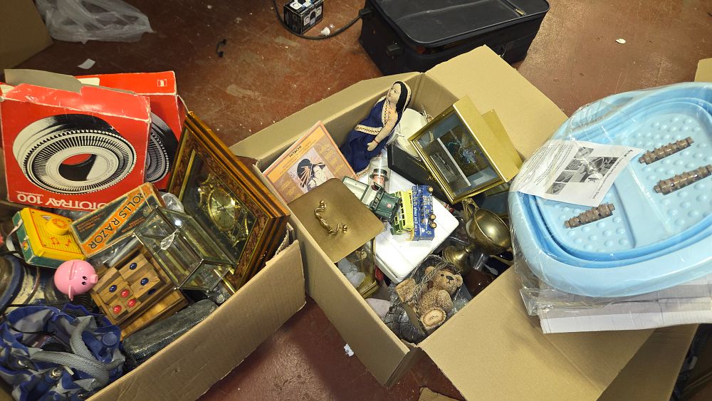 Lot 215 – Two boxes of Vintage Collectibles, Toys, and Miscellaneous Household Sundries