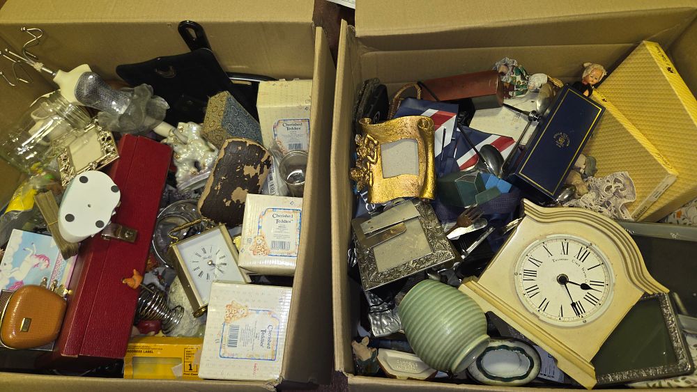 Lot 217 – Two Boxes of Vintage Collectibles and Two Mantel Clocks