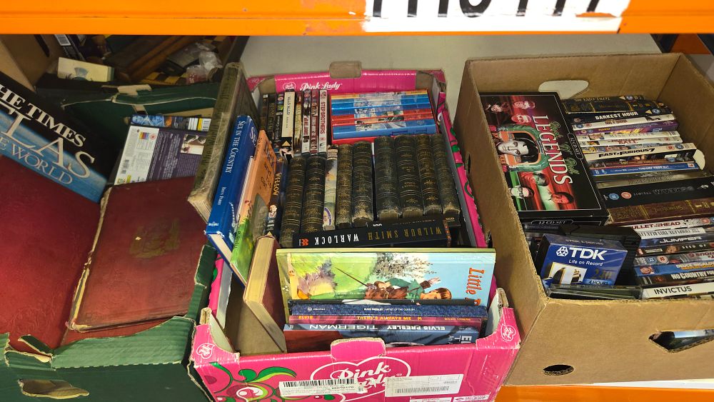 Lot 230 – Three boxes of Antiquarian Books, Contemporary Fiction, and Media including DVDs and CDs