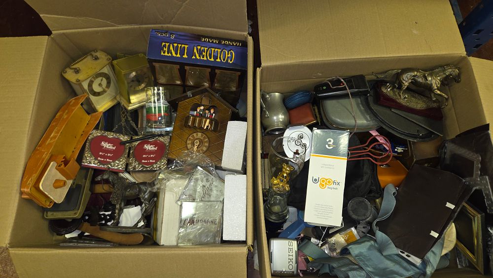 Lot 244 – Two boxes of Decorative Collectables, Clocks, and Household Sundries