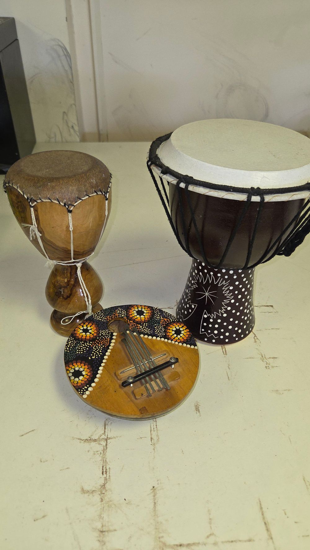 Lot 263 – A Trio of World Music Instruments Including Two Djembe Hand Drums and a Kalimba