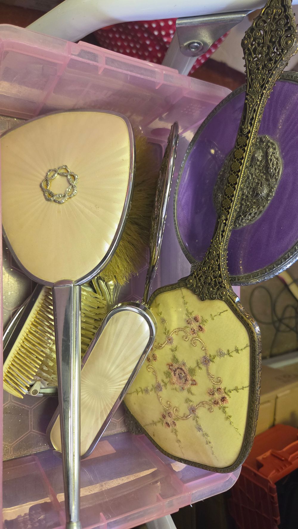 Lot 271 – A Collection of Vintage Vanity Dressing Table Items including Guilloché Enamel and Filigree Hand Mirrors