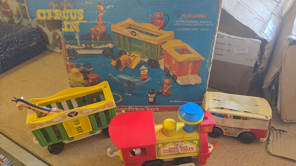 Lot 295 – A Collection of Fisher-Price Play Family Toys including Circus Train No. 991 and Mini-Bus with Original Box and Vintage Fisher-Price Model 978 Ride-On Horse Toy