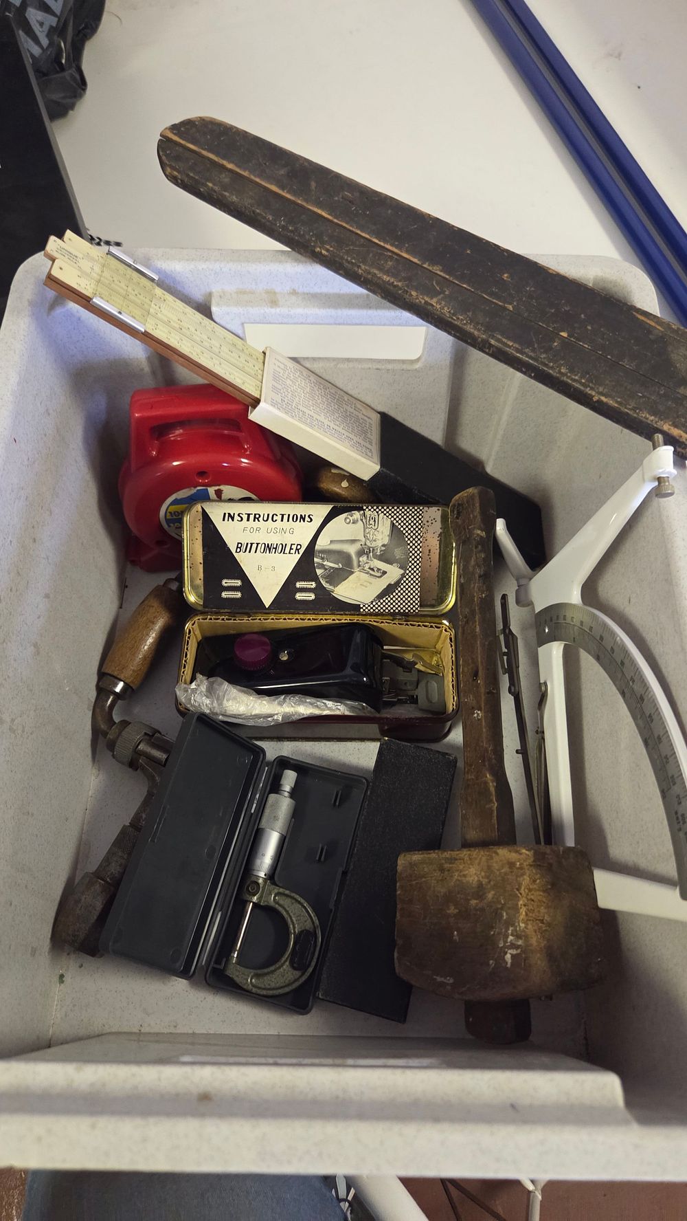 Lot 298 – An Assortment of Vintage and Modern Tools and Accessories Including a Woodworking Mallet and Sewing Attachment Tin