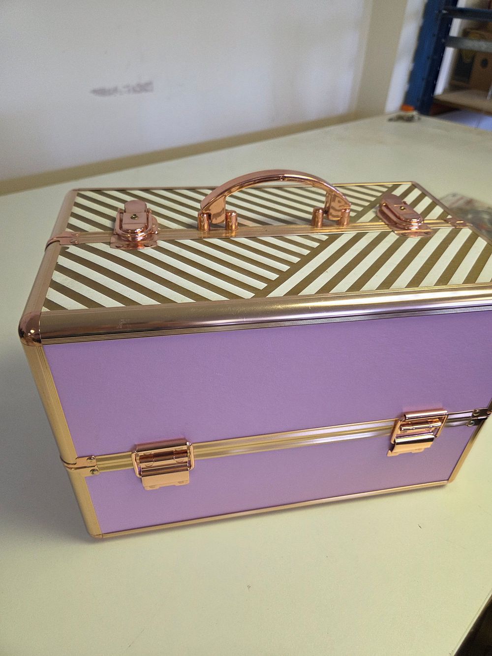 Lot 346 – Beautify Striped and Lilac Makeup Train Case with Rose Gold Toned Hardware