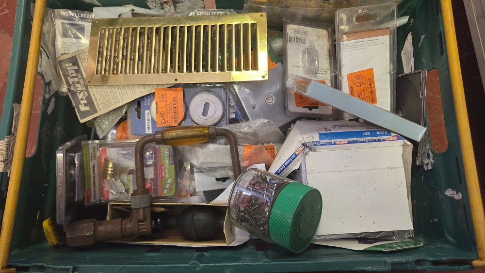 Lot 209 – An Assortment of Mixed Hardware, Vintage Hand Tools, and DIY Supplies