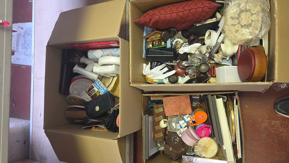 Lot 210 – Three Boxes of Assorted Household Goods, Decorative Collectables, and Domestic Sundries