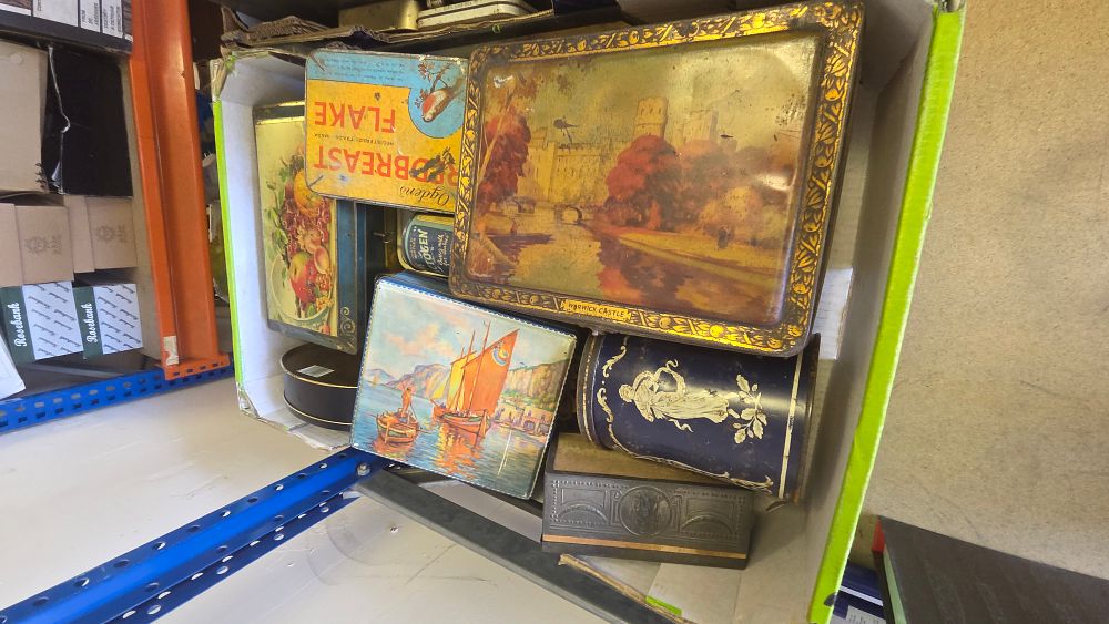 Lot 223 – A Collection of Vintage Lithographed Advertising and Decorative Tins including Ogden’s Redbreast Flake