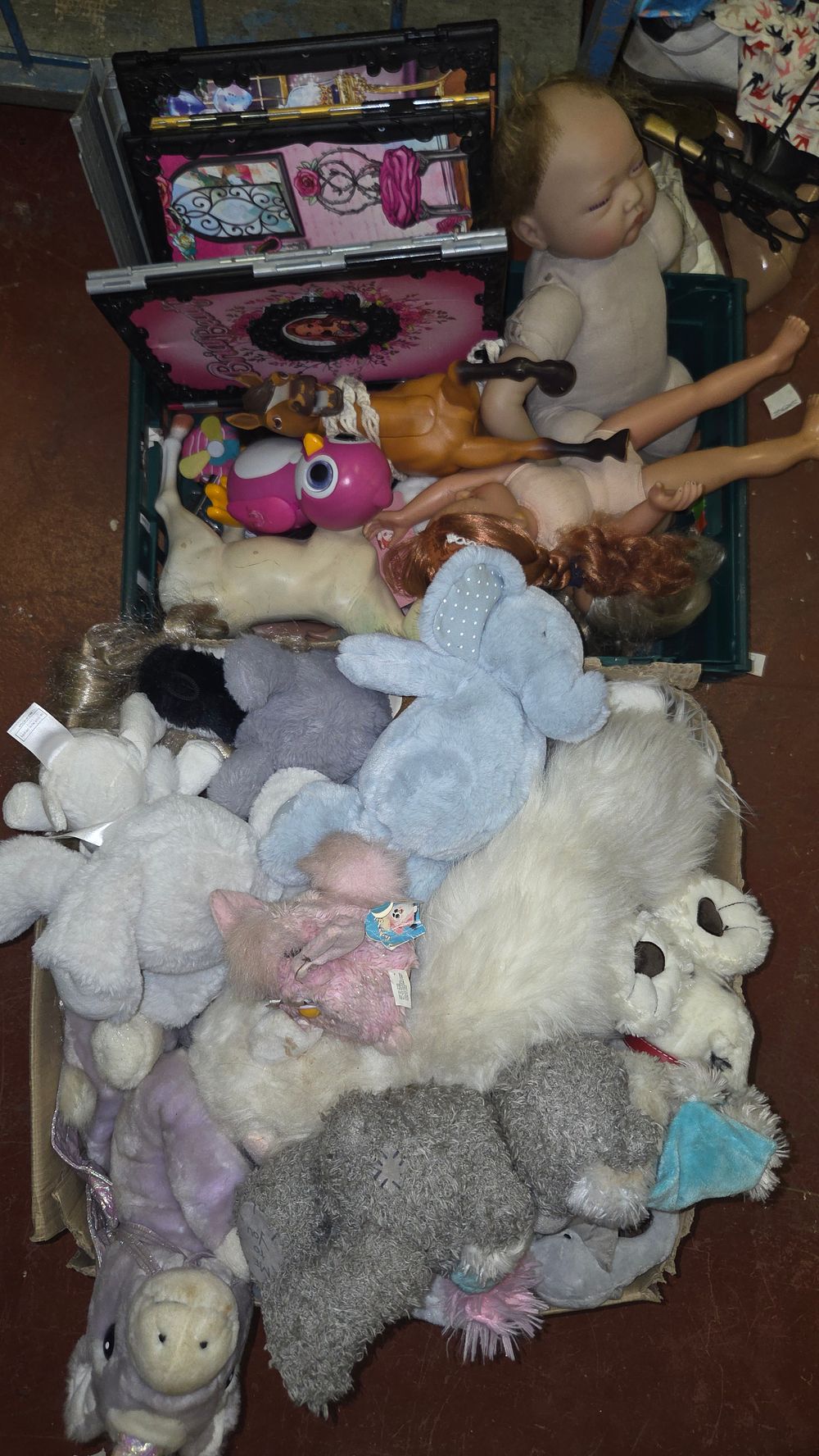 Lot 181 – Two Boxes of Modern Toys including Me to You Plush, a Realistic Baby Doll, and Accessories