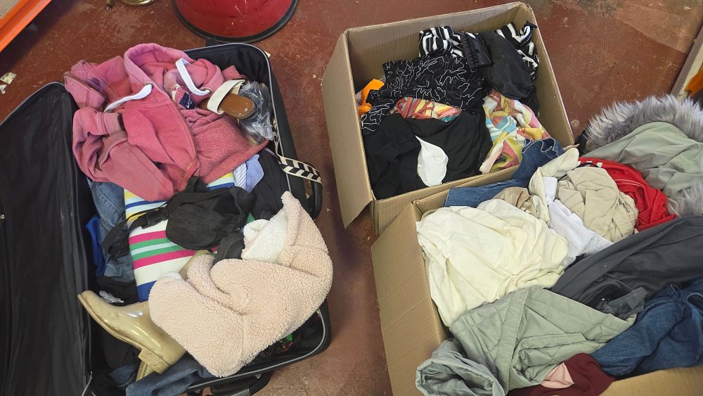 Lot 208 – Case and Two Boxes of Clothing, Accessories, and Footwear