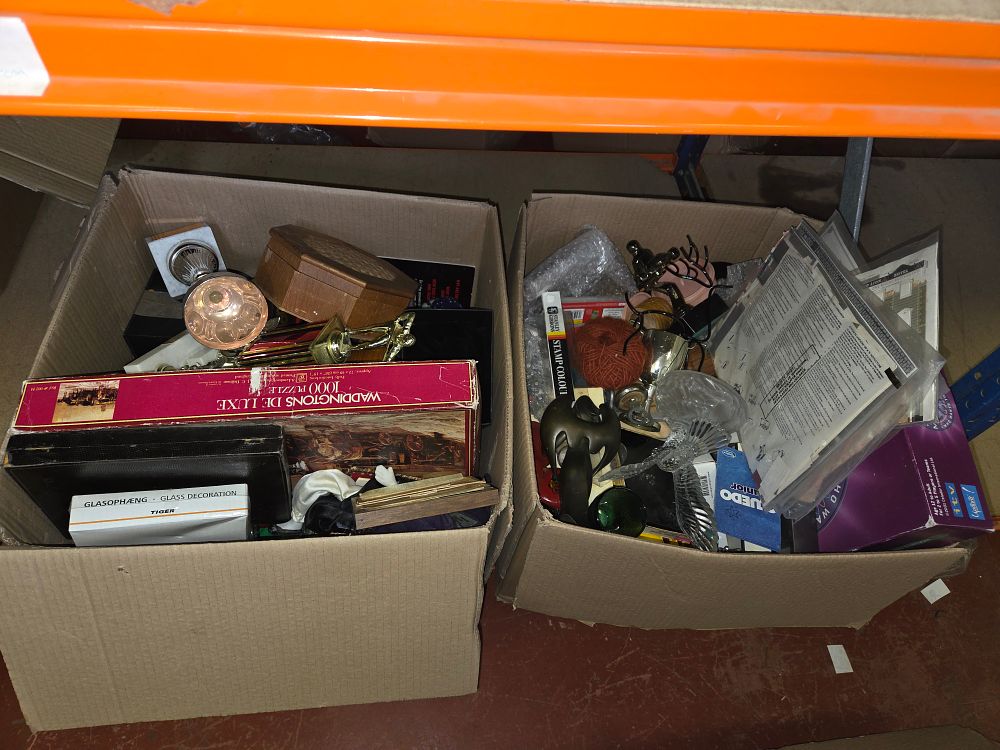 Lot 212 – Two Boxes of Miscellaneous Household Items, Games, and Decorative Objects
