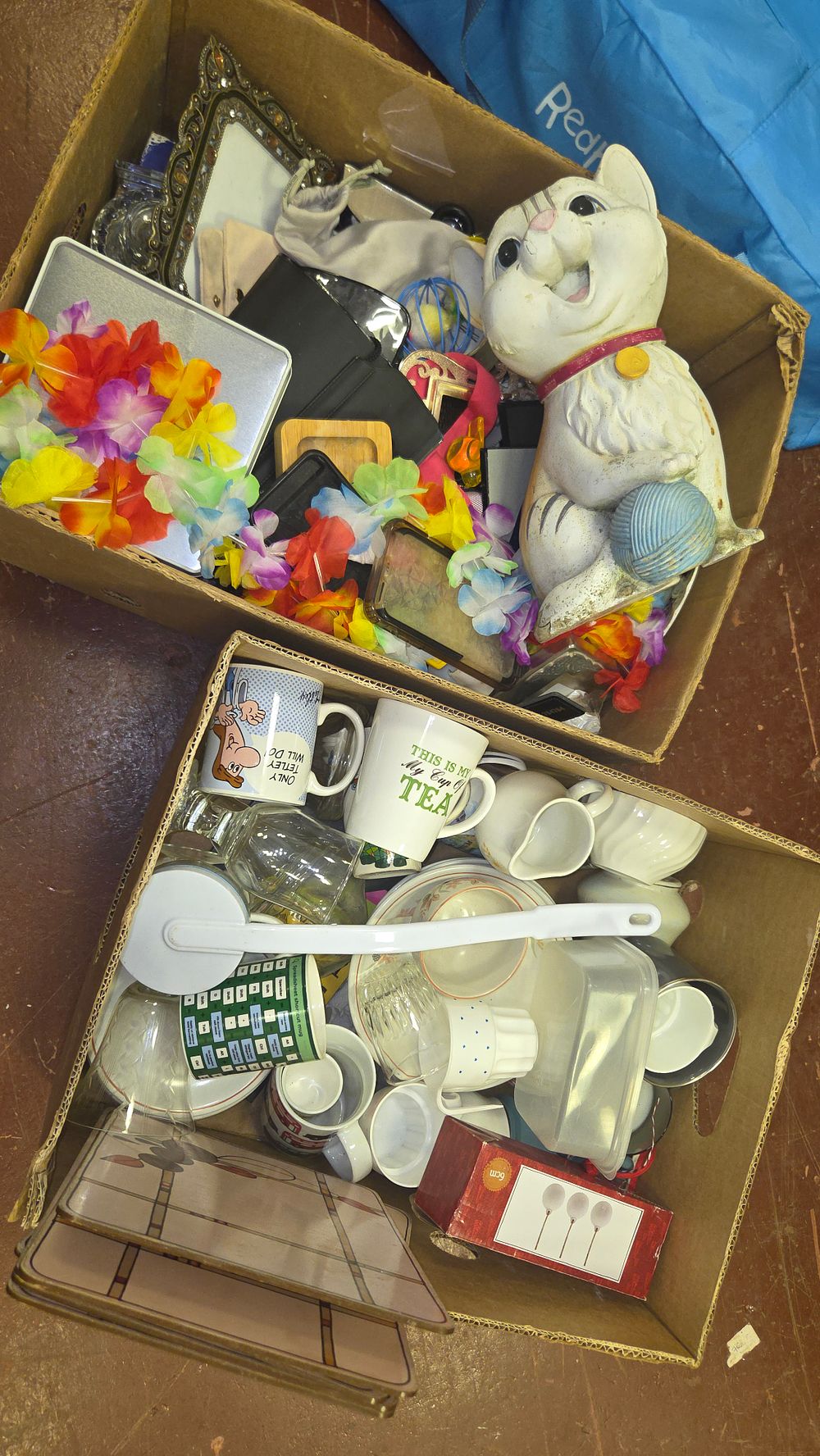 Lot 241 – Two boxes of Mixed Household Goods, Ceramics, and Decorative Items including a Large Cat Ornament