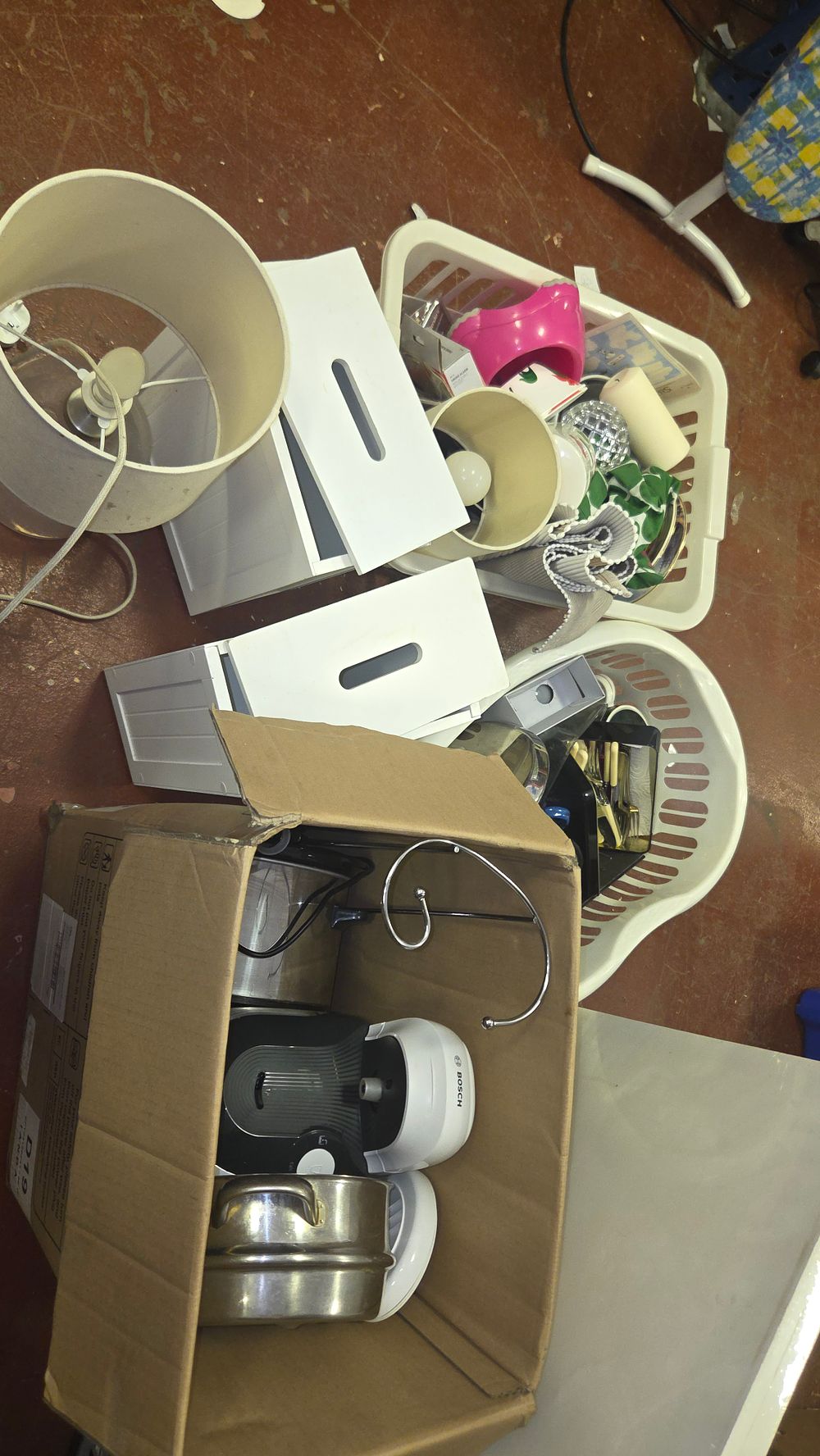 Lot 244 – Box and Two Baskets of Mixed Household Goods, Kitchenware, and Small Domestic Appliances