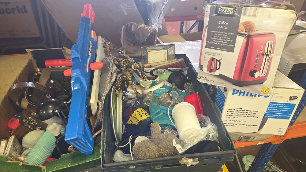 Lot 247 – Two Boxes of Mixed Household Goods, Small Appliances, and Toys Including George Home, Philips, and X-Shot