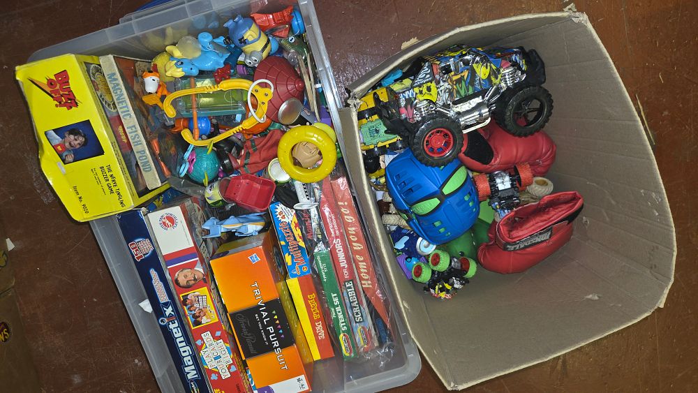 Lot 248 – Two Boxes of Assorted Toys and Board Games including Lonsdale, Hasbro, and Rose Art
