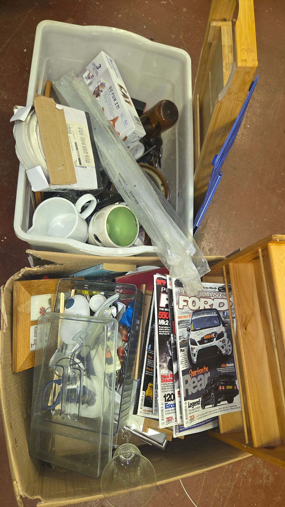 Lot 250 – Two Boxes of Mixed Household Items Including Performance Ford Magazines