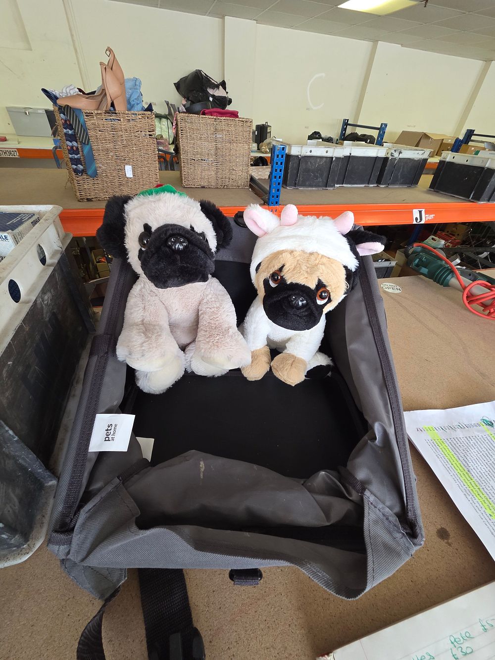 Lot 260 – A Pair of Pug Plush Soft Toys in Costumes in a Dog Car Seat