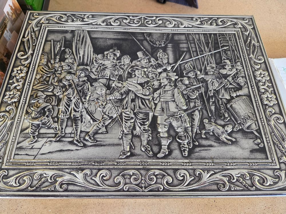 Lot 263 – Victoria Biscuit Company Rembrandt The Night Watch Embossed Silvered Tin Box