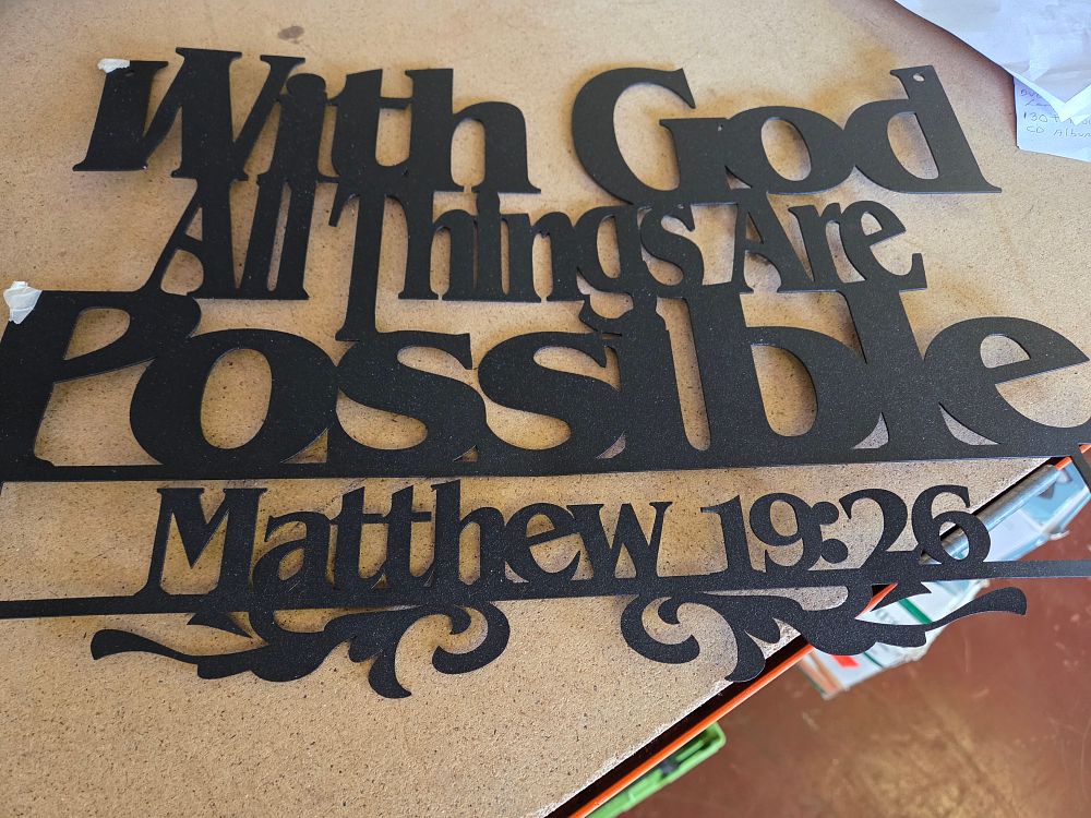 Lot 264 – Contemporary Laser-Cut Metal Wall Art Matthew 19:26 Bible Verse