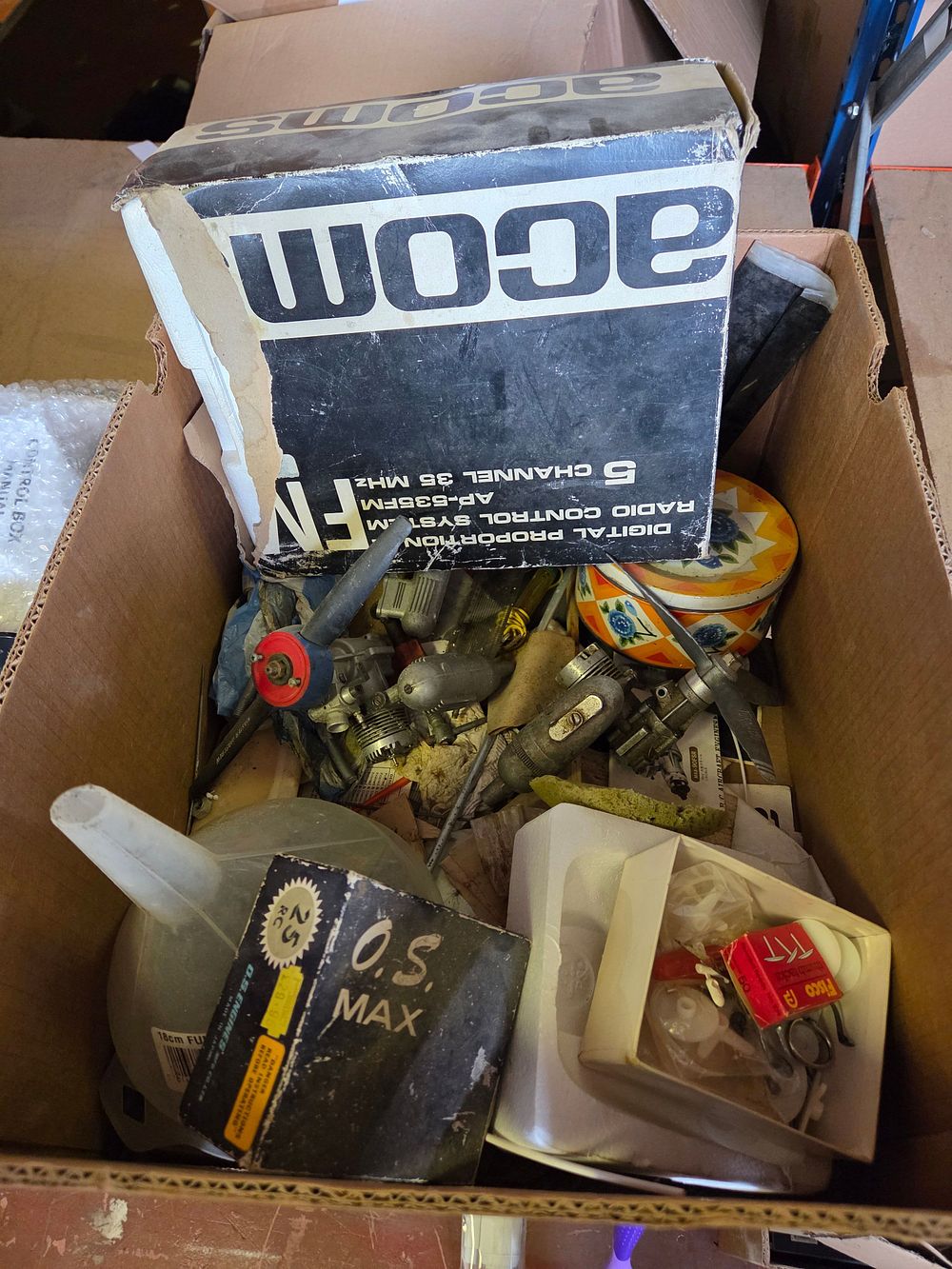 Lot 281 – A Collection of Vintage Radio Control Model Aircraft Equipment including Acoms AP-535FM System and O.S. Max and Enya Engines