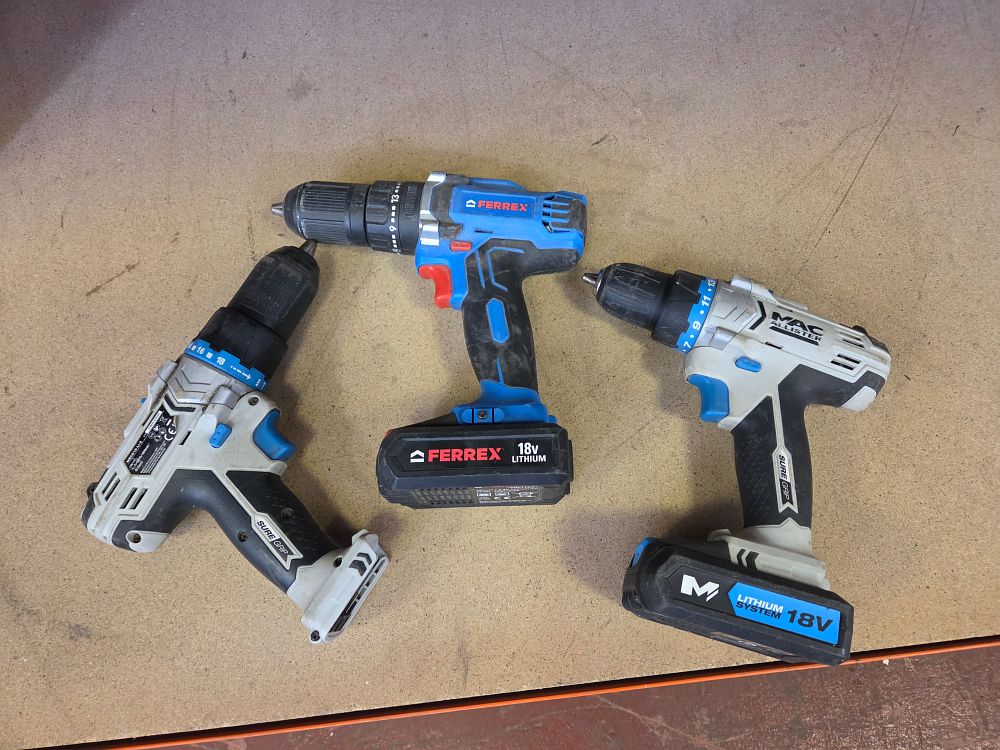 Lot 285 – Three Assorted 18V Cordless Drill Drivers by Ferrex and Mac Allister