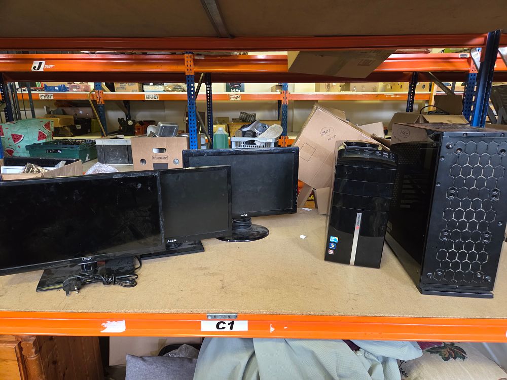 Lot 296 – An Assortment of Computer Monitors w/o and Desktop PC Chassis