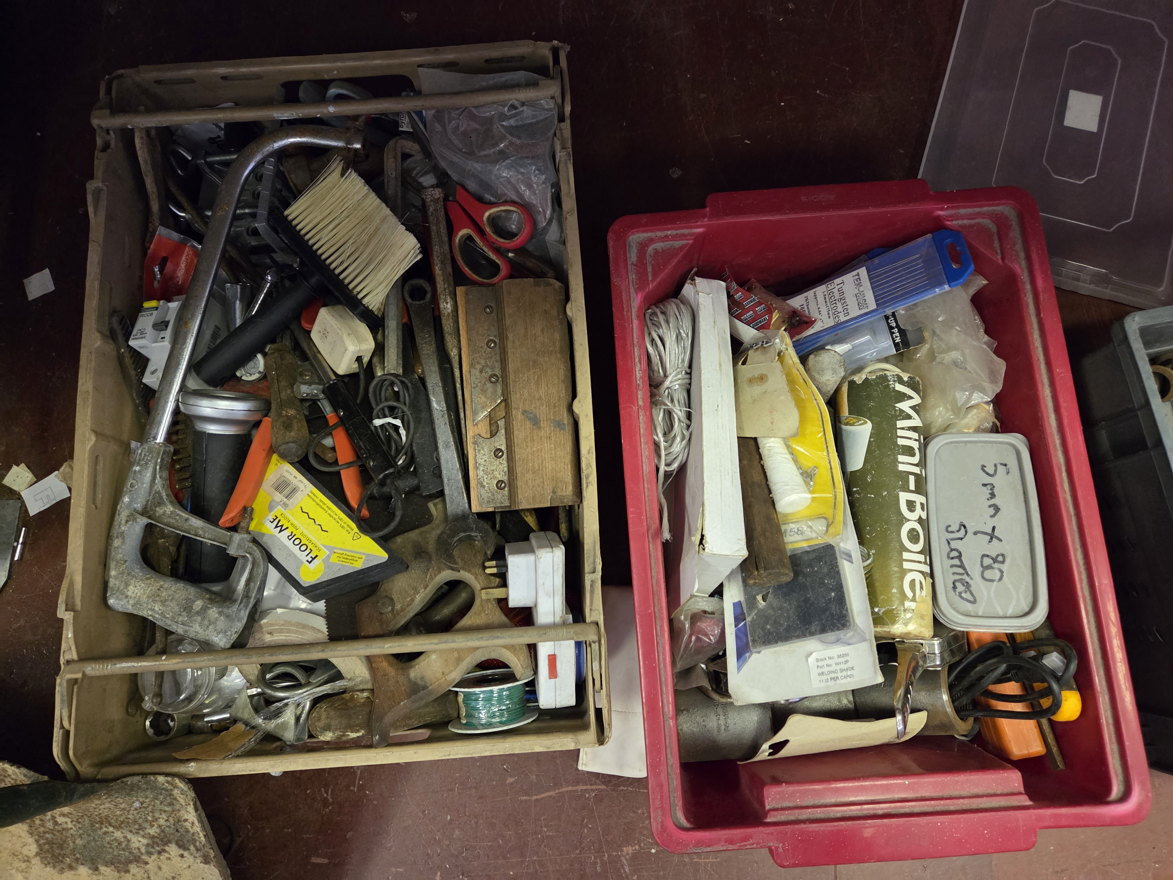 An Assortment of Workshop Hand Tools, Welding Consumables, and Electrical Sundries