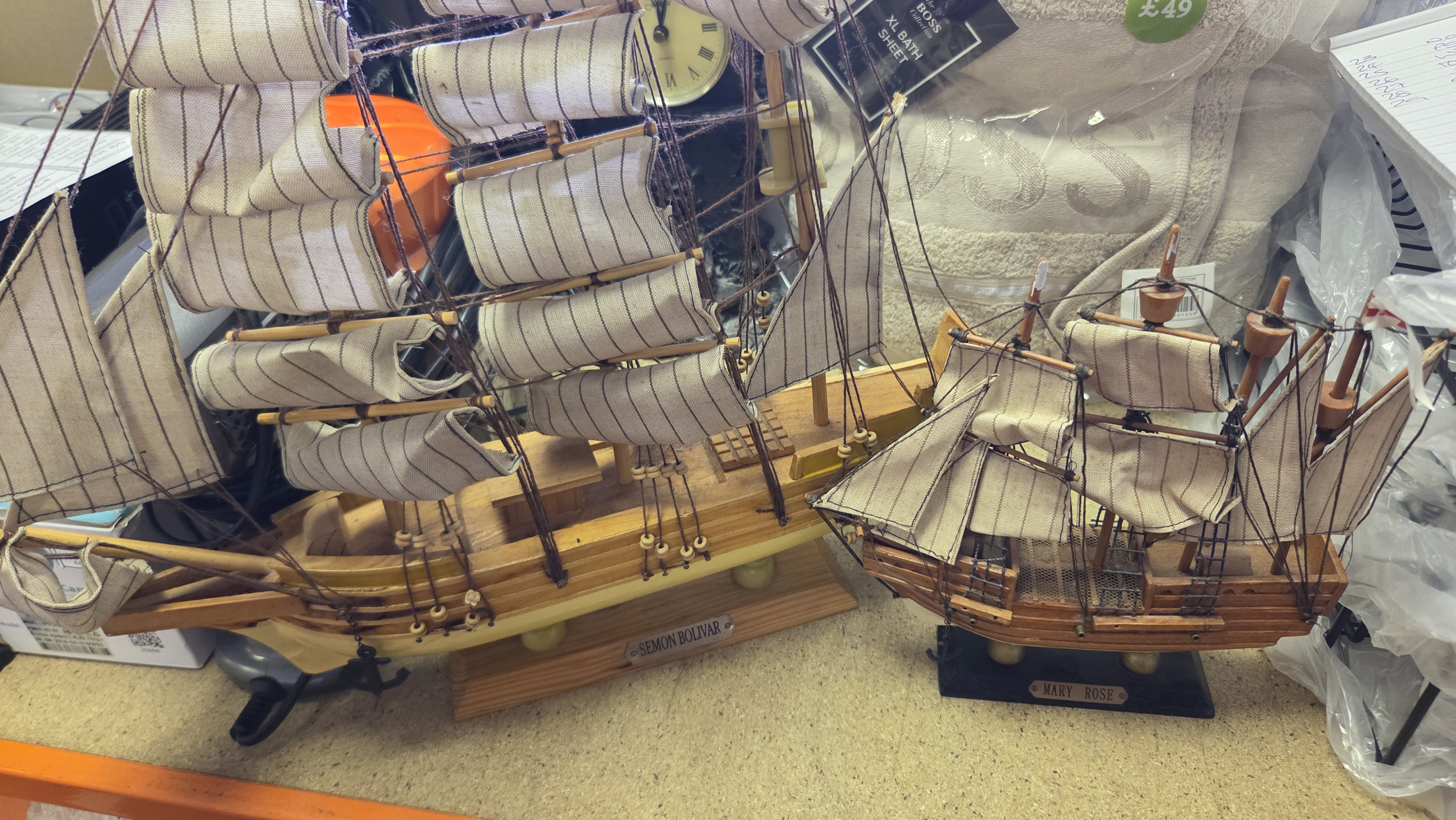 A Pair of Decorative Wooden Model Sailing Ships Including the Mary Rose and Simon Bolivar