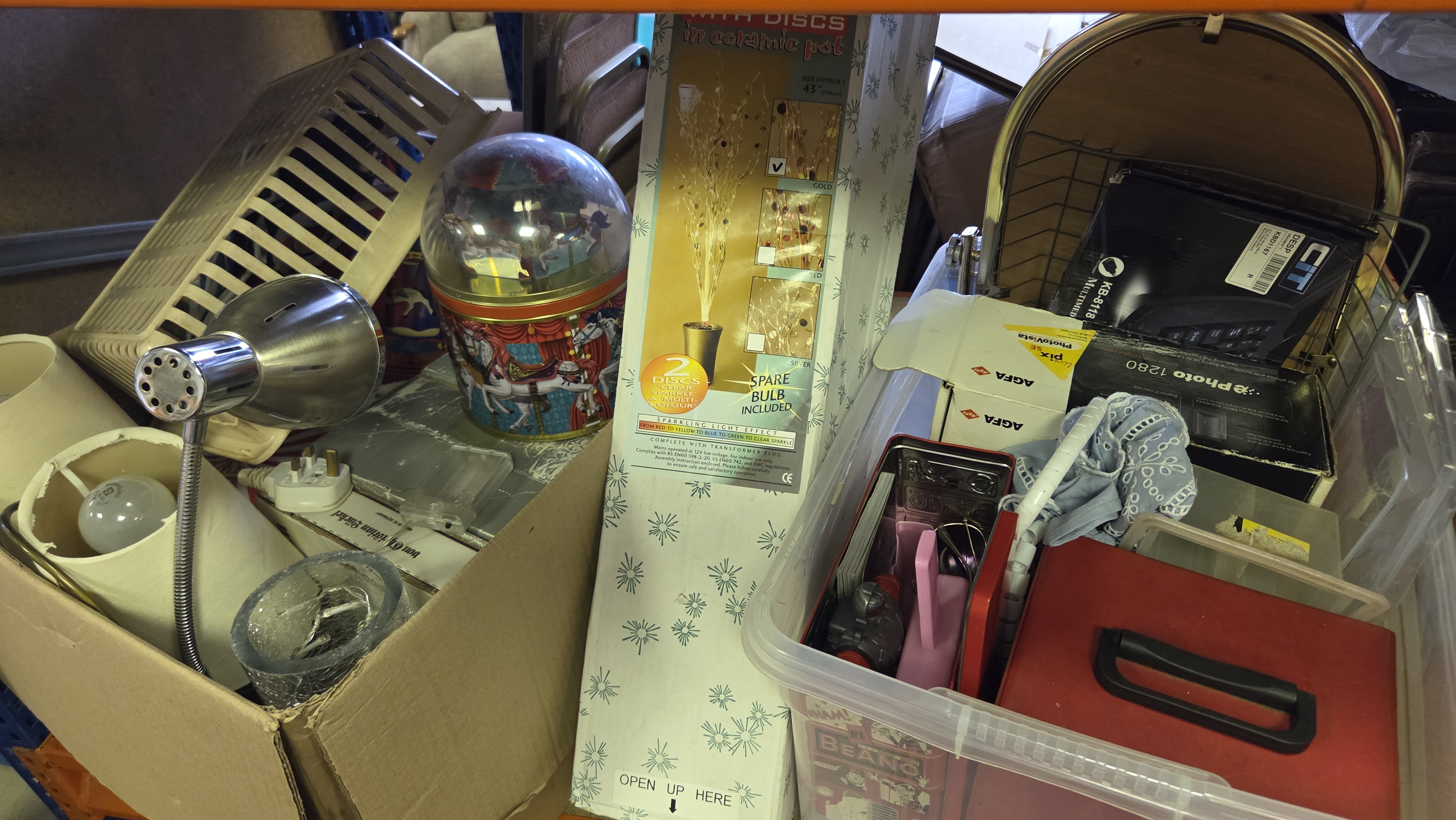 Two Boxes of Household Sundries, Vintage Electronics, and Decorative Items Including Agfa and CIT